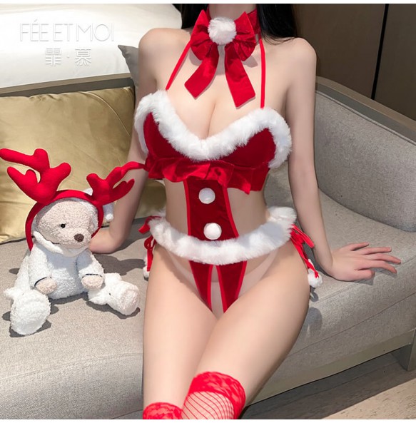 FEE ET MOI - Sexy Christmas Plush Open-Crotch Bodysuit (Red - White)